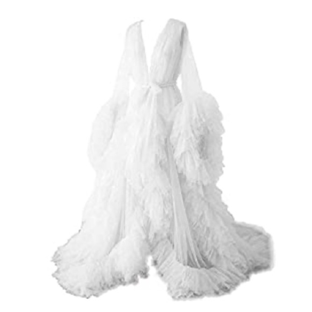 Statement Ruffle Gown | White Sheer Organza Feathered Robe Dress